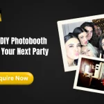 DIY Photobooth setup with party guests posing for fun photos and a creative photo booth backdrop for celebrations.
