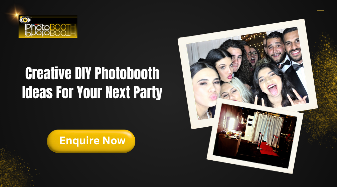 DIY Photobooth setup with party guests posing for fun photos and a creative photo booth backdrop for celebrations.